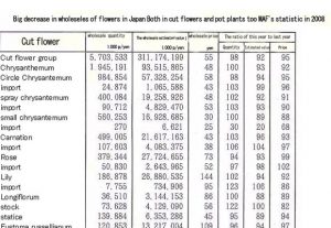 Big decrease in wholesales of  flowers in Japan Both in cut flowers and pot plants too MAF’s statistic in 2008（July 17th,2009）