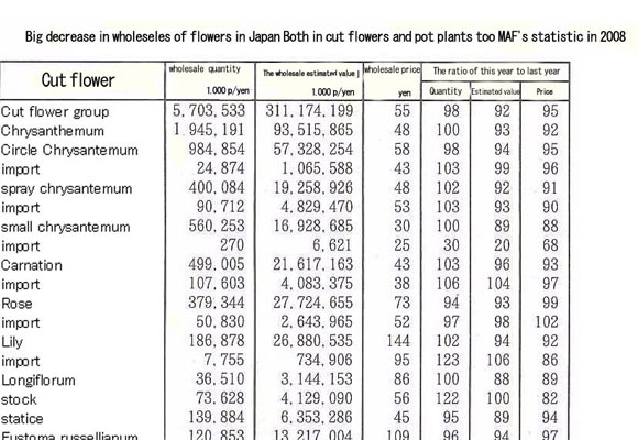 Big decrease in wholesales of  flowers in Japan Both in cut flowers and pot plants too MAF’s statistic in 2008（July 17th,2009）