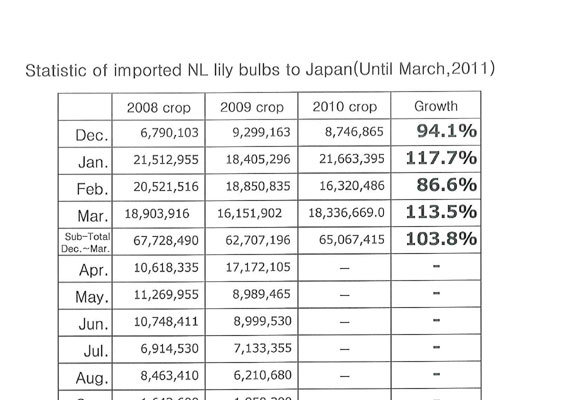 Statistic of imported NL lily bulbs to Japan（Apr 11th, 2011）