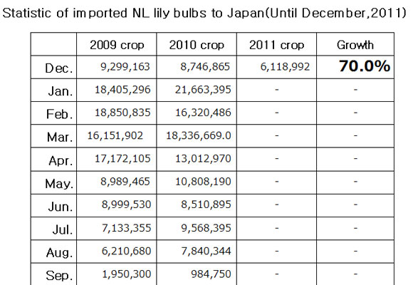 Statistic of imported NL lily bulbs to Japan（January 13th, 2012）