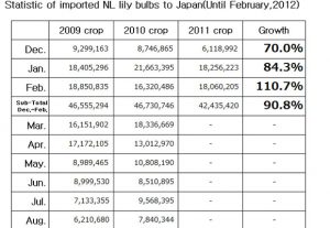 Statistic of imported NL lily bulbs to Japan（March 13th, 2012）