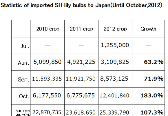 Statistic of imported SH lily bulbs to Japan（November 12, 2012）