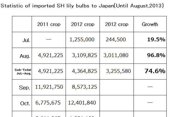 Statistic of imported SH lily bulbs to Japan（September 12, 2013）