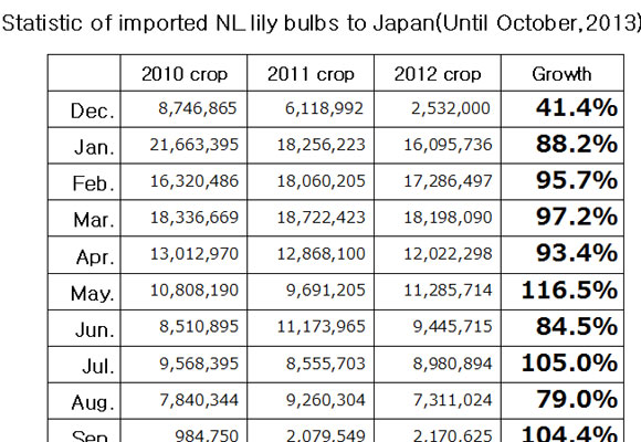 Statistic of imported NL lily bulbs to Japan（November 12, 2013）