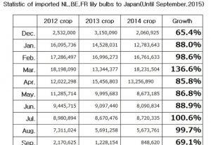 Statistic of imported NL,BE,FR lily bulbs to Japan(Until November, 2015) （Dec 15, 2015）