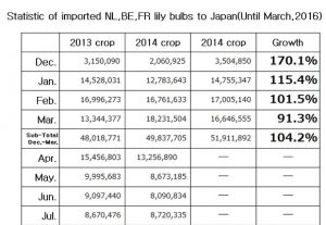 Statistic of imported NL,BE,FR lily bulbs to Japan(Until Mar, 2016) （Apr 11, 2016）