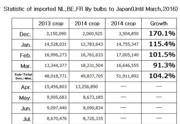 Statistic of imported NL,BE,FR lily bulbs to Japan(Until Mar, 2016) （Apr 11, 2016）