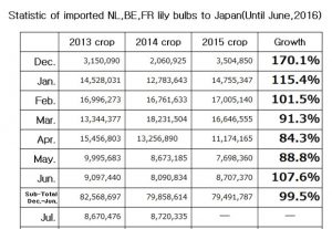 Statistic of imported NL,BE,FR lily bulbs to Japan(Until Jun, 2016) （Jul 12, 2016）