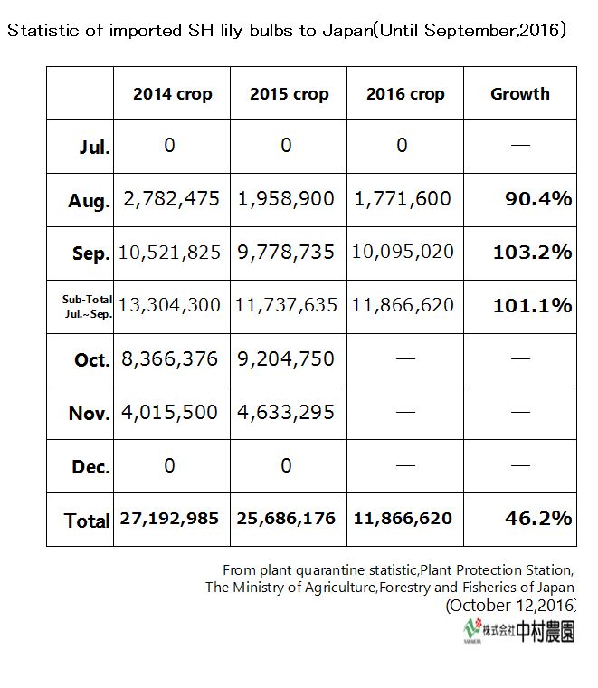 Statistic of imported SH lily bulbs to Japan(Until Aug,2016) （Sep 13, 2016）