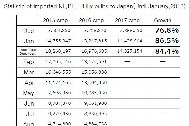 Statistic of imported NL,BE,FR lily bulbs to Japan(Until January,2018)