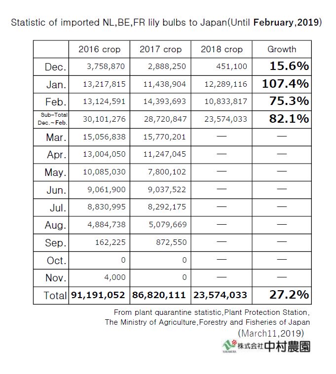 Statistic of imported NL,BE,FR lily bulbs to Japan(Until February,2019)