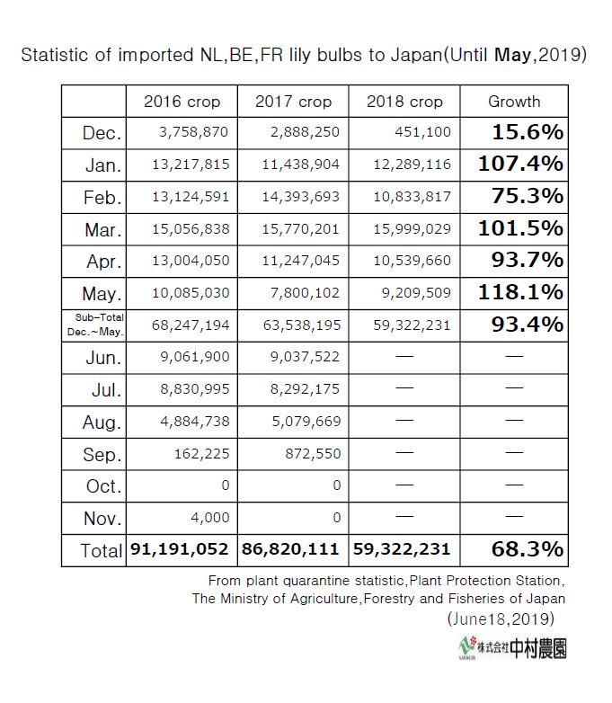 Statistic of imported NL,BE,FR lily bulbs to Japan(Until May,2019)