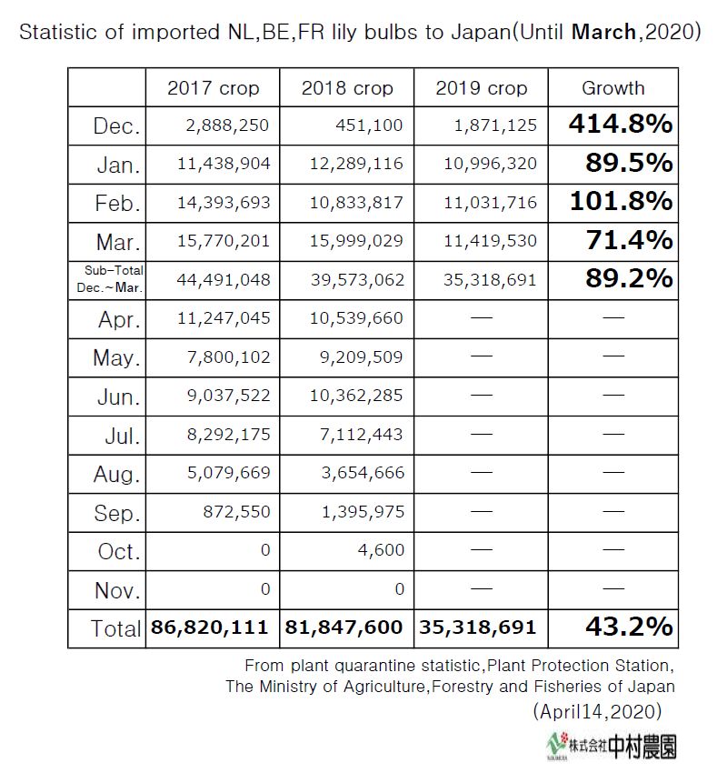 Statistic of imported NL,BE,FR lily bulbs to Japan(Until March,2020)