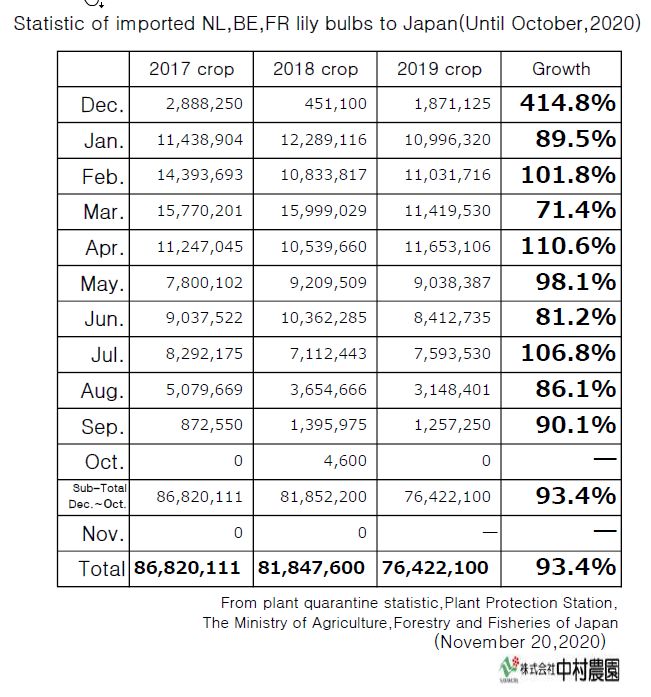 Statistic of imported NL,BE,FR lily bulbs to Japan(Until October,2020)