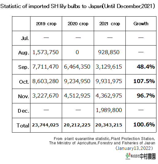 Statistic of imported SH lily bulbs to Japan(Until Dec,2021) （Jan 13, 2022）