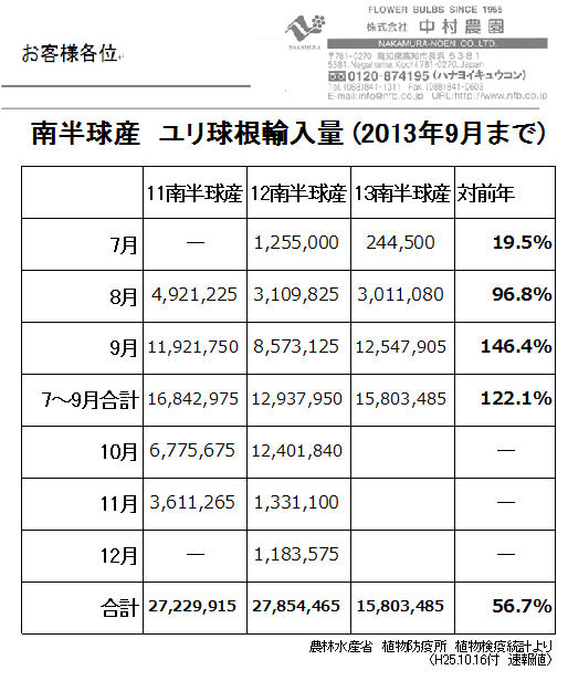 南半球産ユリ球根輸入量9月まで（2013/10/16）