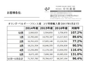 オランダ・ベルギー・フランス産　ユリ球根輸入量（2017年5月まで)（2017/6/13）