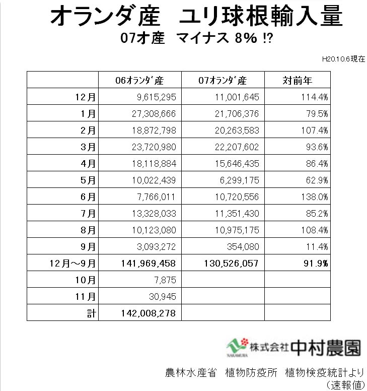 オランダ産　ユリ球根輸入量（2008/10/06）