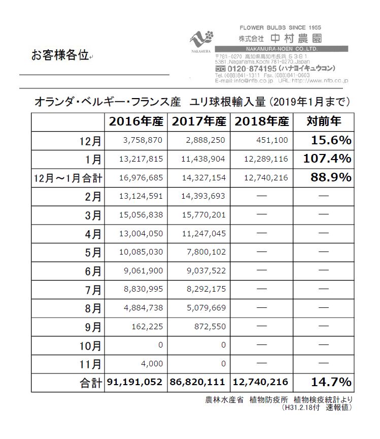 オランダ・ベルギー・フランス産　ユリ球根輸入量 (2019年1月まで）