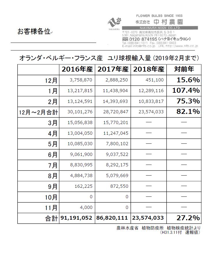 オランダ・ベルギー・フランス産　ユリ球根輸入量 (2019年2月まで）