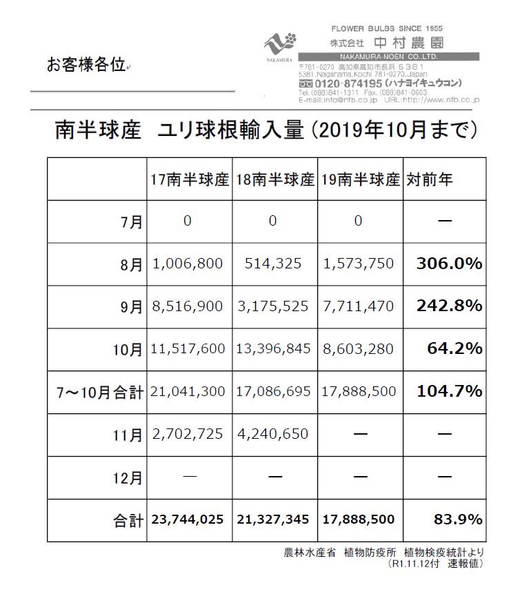 南半球産　ユリ球根輸入量 (2019年10月まで）