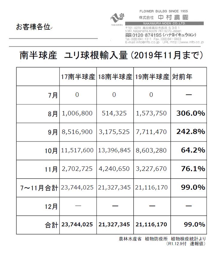 南半球産　ユリ球根輸入量 (2019年11月まで）