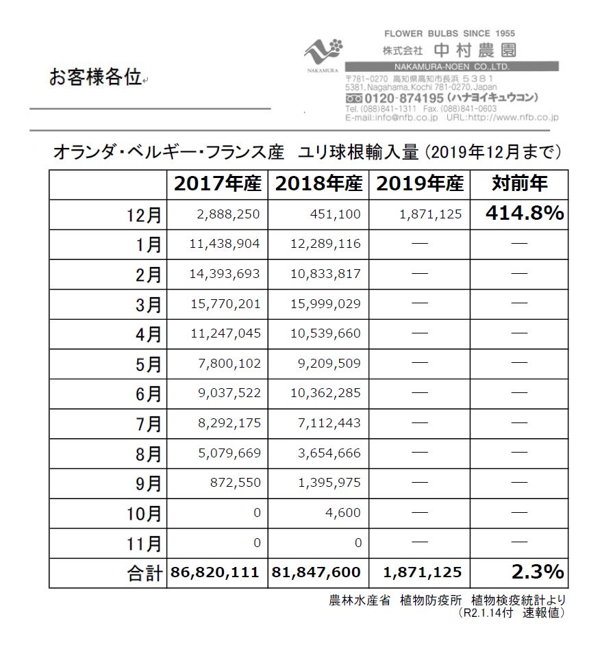 オランダ・ベルギー・フランス産　ユリ球根輸入量 (2019年12月まで）