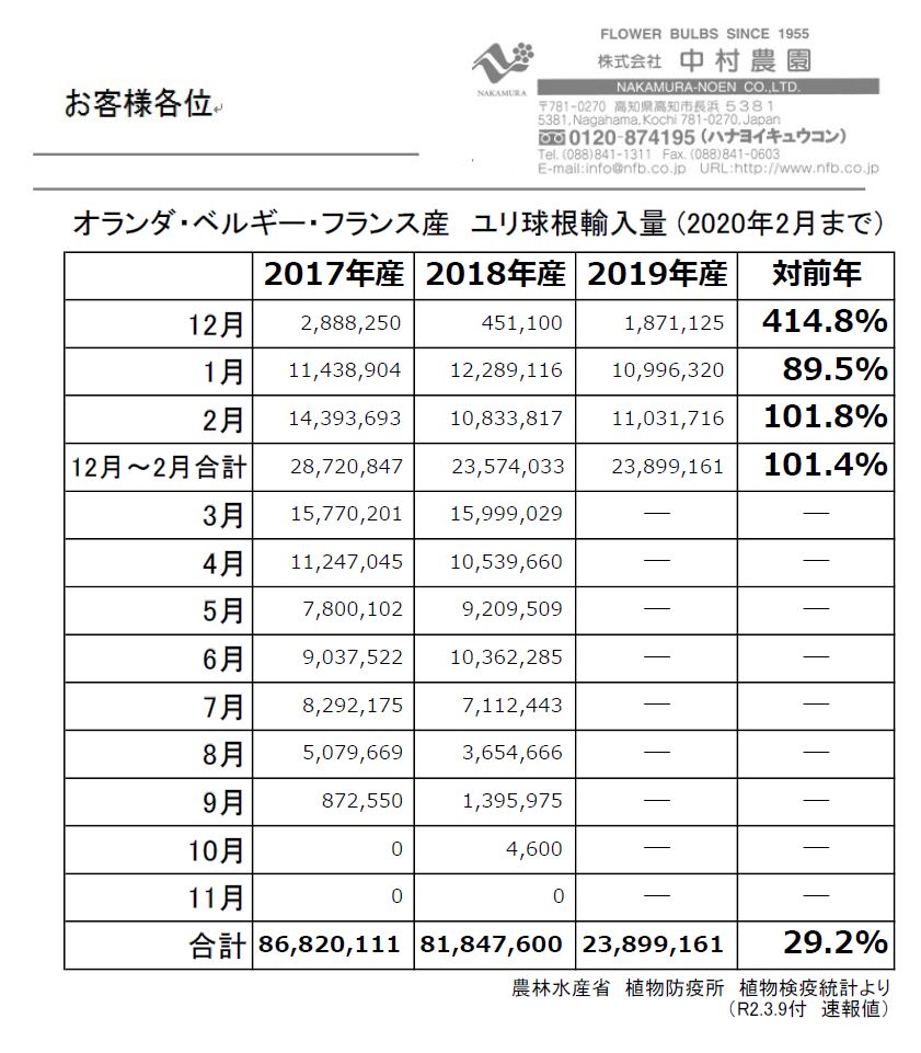 オランダ・ベルギー・フランス産　ユリ球根輸入量 (2020年2月まで）