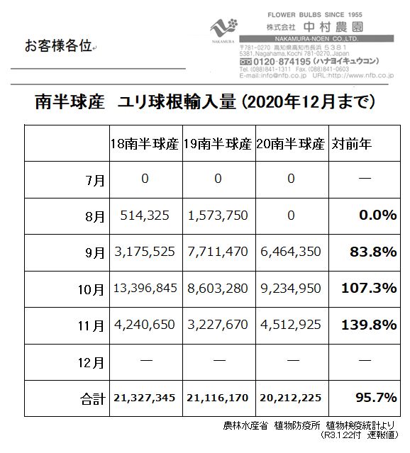 南半球産　ユリ球根輸入量 (2020年12月まで）