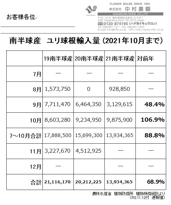 南半球産　ユリ球根輸入量(2021年10月まで)　(2021/11/12)